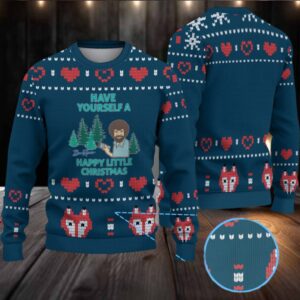 Navy Blue Heart & Fox Pattern “Bob Ross Have Yourself a Happy Little Christmas” Ugly Christmas Sweater