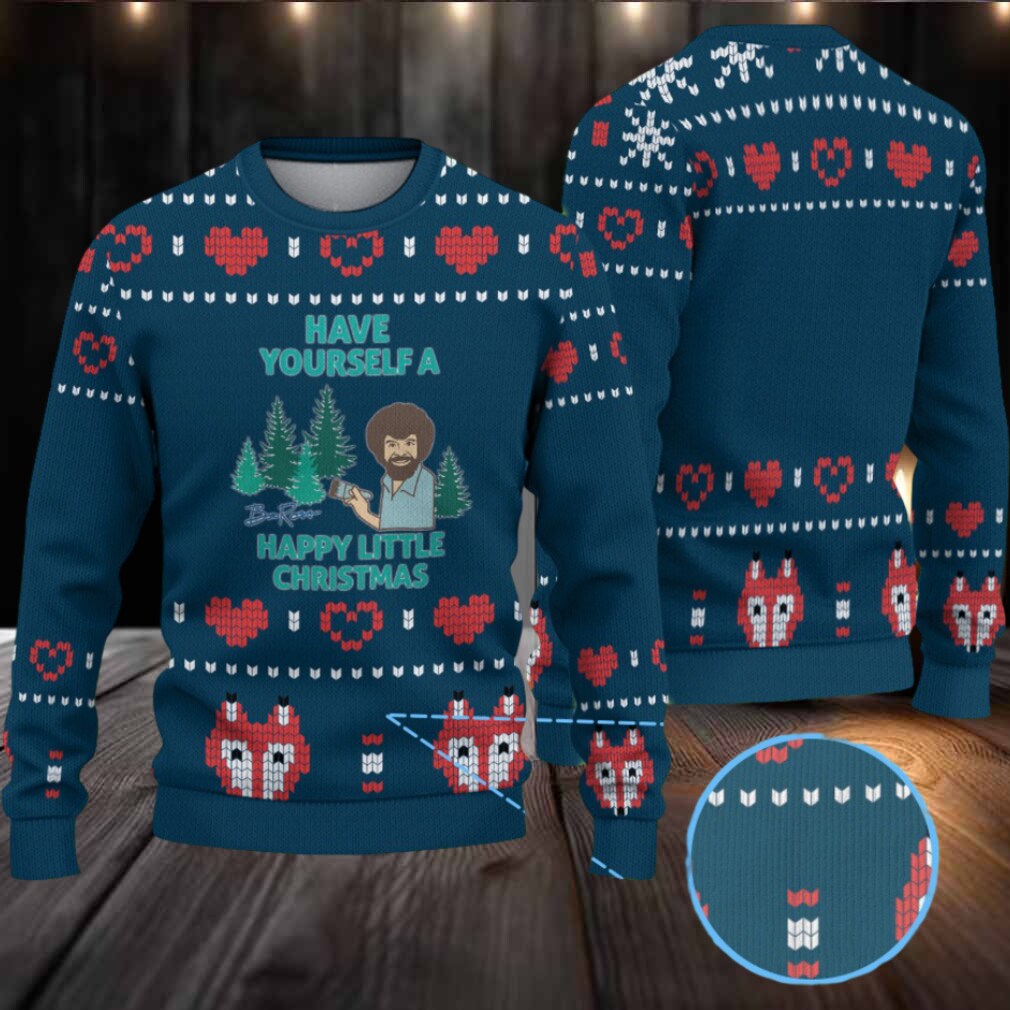 Navy Blue Heart & Fox Pattern “Bob Ross Have Yourself a Happy Little Christmas” Ugly Christmas Sweater Navy Blue Heart & Fox Pattern “Bob Ross Have Yourself a Happy Little Christmas” Ugly Christmas Sweater