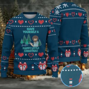 Navy Blue Heart & Fox Pattern “Bob Ross Have Yourself a Happy Little Christmas” Ugly Christmas Sweater