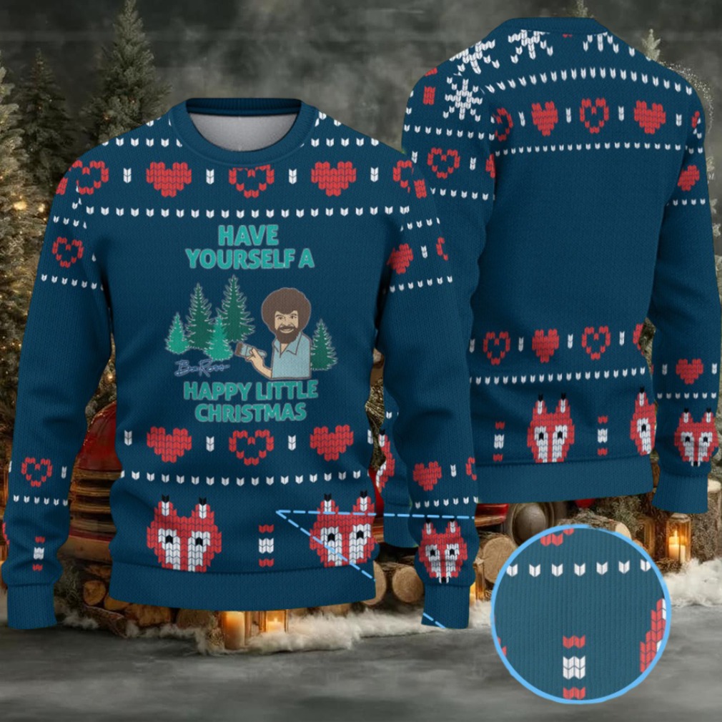 Navy Blue Heart & Fox Pattern “Bob Ross Have Yourself a Happy Little Christmas” Ugly Christmas Sweater Navy Blue Heart & Fox Pattern “Bob Ross Have Yourself a Happy Little Christmas” Ugly Christmas Sweater