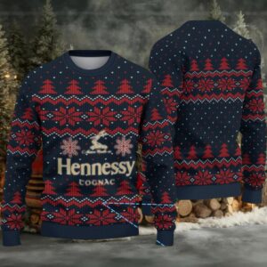 Navy Blue & Red Fair Isle Snowflake Christmas Tree Hennessy Themed Ugly Christmas Sweater