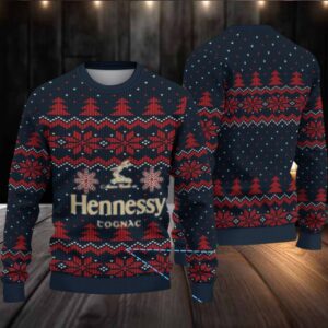 Navy Blue & Red Fair Isle Snowflake Christmas Tree Hennessy Themed Ugly Christmas Sweater