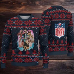 Navy Blue & Red Nordic Pattern “Bad Bunny Superache Collage” Ugly Christmas Sweater