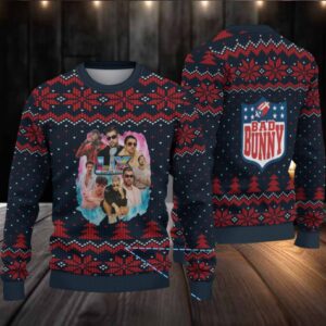 Navy Blue & Red Nordic Pattern “Bad Bunny Superache Collage” Ugly Christmas Sweater