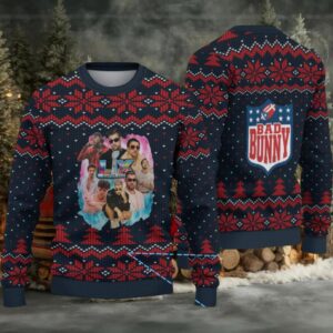 Navy Blue & Red Nordic Pattern “Bad Bunny Superache Collage” Ugly Christmas Sweater