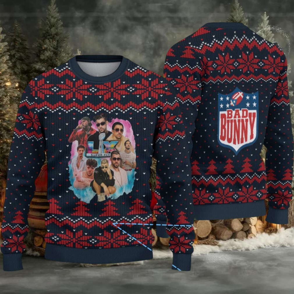 Navy Blue & Red Nordic Pattern “Bad Bunny Superache Collage” Ugly Christmas Sweater Navy Blue & Red Nordic Pattern “Bad Bunny Superache Collage” Ugly Christmas Sweater