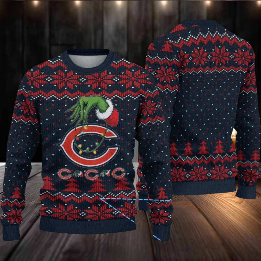 Navy Blue & Red Snowflake Pattern “Grinch Hand Chicago Bears Logo” Ugly Christmas Sweater Navy Blue & Red Snowflake Pattern “Grinch Hand Chicago Bears Logo” Ugly Christmas Sweater
