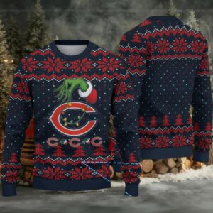 Navy Blue & Red Snowflake Pattern “Grinch Hand Chicago Bears Logo” Ugly Christmas Sweater