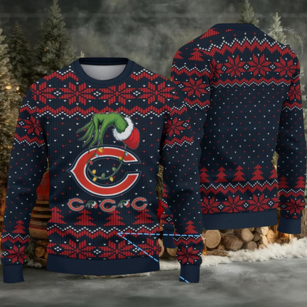 Navy Blue & Red Snowflake Pattern “Grinch Hand Chicago Bears Logo” Ugly Christmas Sweater Navy Blue & Red Snowflake Pattern “Grinch Hand Chicago Bears Logo” Ugly Christmas Sweater