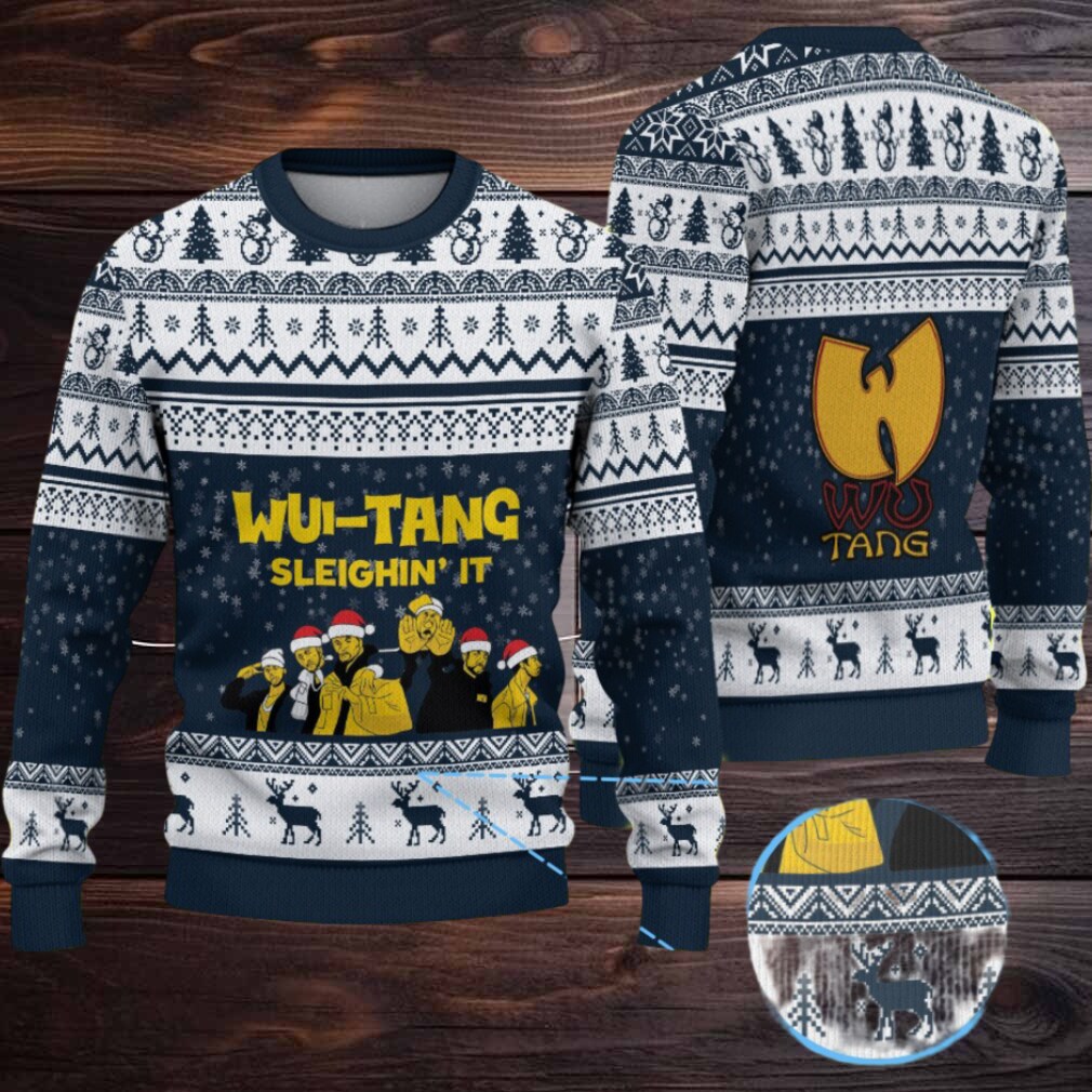 Navy Blue Reindeer Pattern “Wu Tang Sleighin’ It Christmas Edition” Ugly Christmas Sweater Navy Blue Reindeer Pattern “Wu Tang Sleighin’ It Christmas Edition” Ugly Christmas Sweater