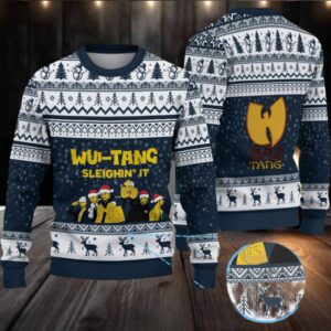Navy Blue Reindeer Pattern “Wu Tang Sleighin’ It Christmas Edition” Ugly Christmas Sweater