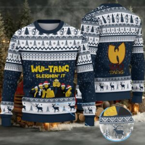 Navy Blue Reindeer Pattern “Wu Tang Sleighin’ It Christmas Edition” Ugly Christmas Sweater