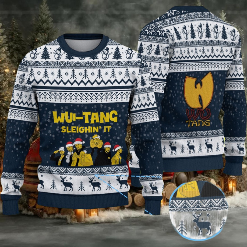 Navy Blue Reindeer Pattern “Wu Tang Sleighin’ It Christmas Edition” Ugly Christmas Sweater Navy Blue Reindeer Pattern “Wu Tang Sleighin’ It Christmas Edition” Ugly Christmas Sweater
