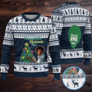 Navy Blue & White Reindeer Pattern “Bob Ross Happy Little Christmas Tree” Ugly Christmas Sweater