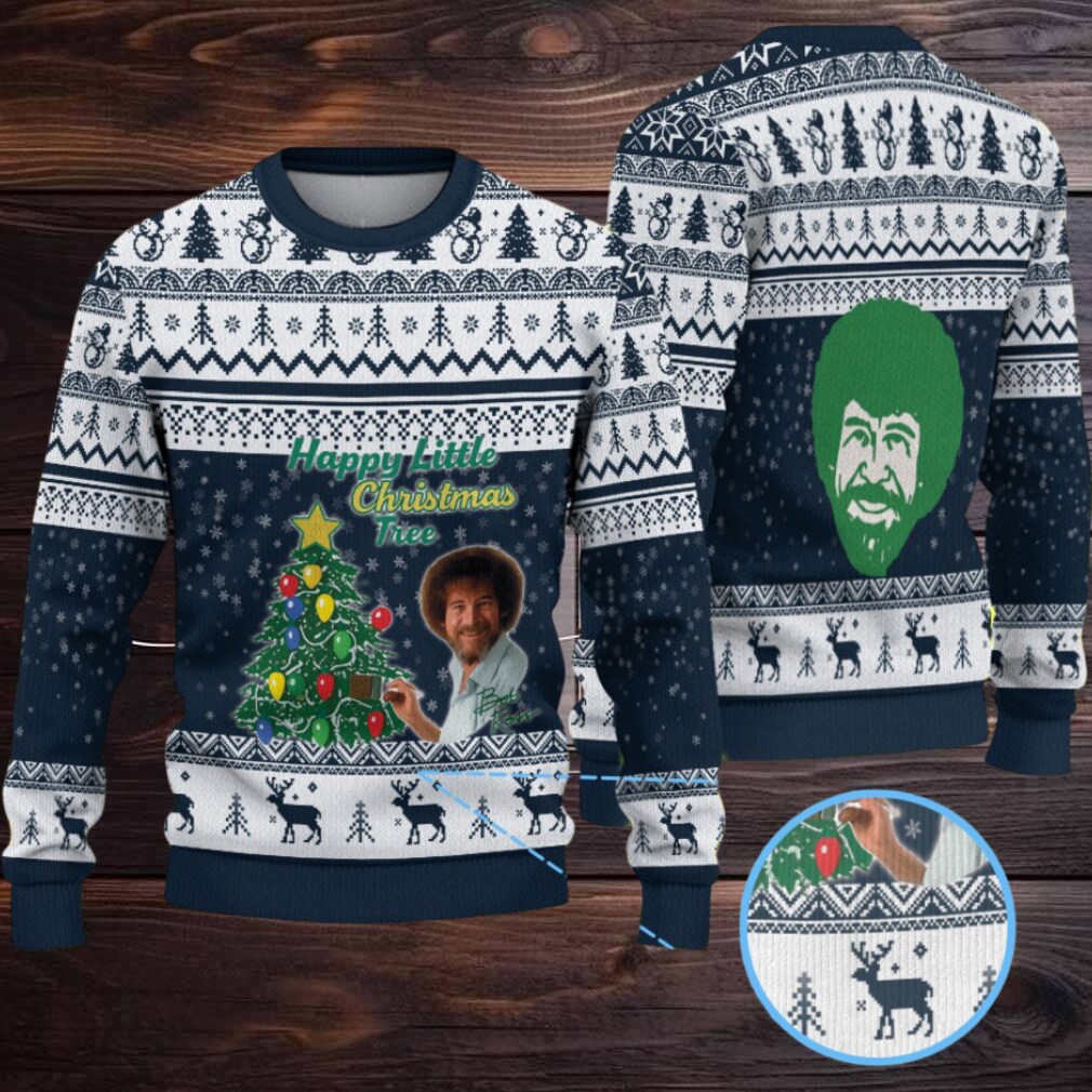 Navy Blue & White Reindeer Pattern “Bob Ross Happy Little Christmas Tree” Ugly Christmas Sweater Navy Blue & White Reindeer Pattern “Bob Ross Happy Little Christmas Tree” Ugly Christmas Sweater