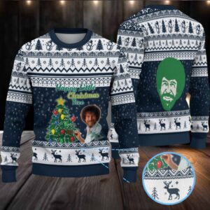 Navy Blue & White Reindeer Pattern “Bob Ross Happy Little Christmas Tree” Ugly Christmas Sweater