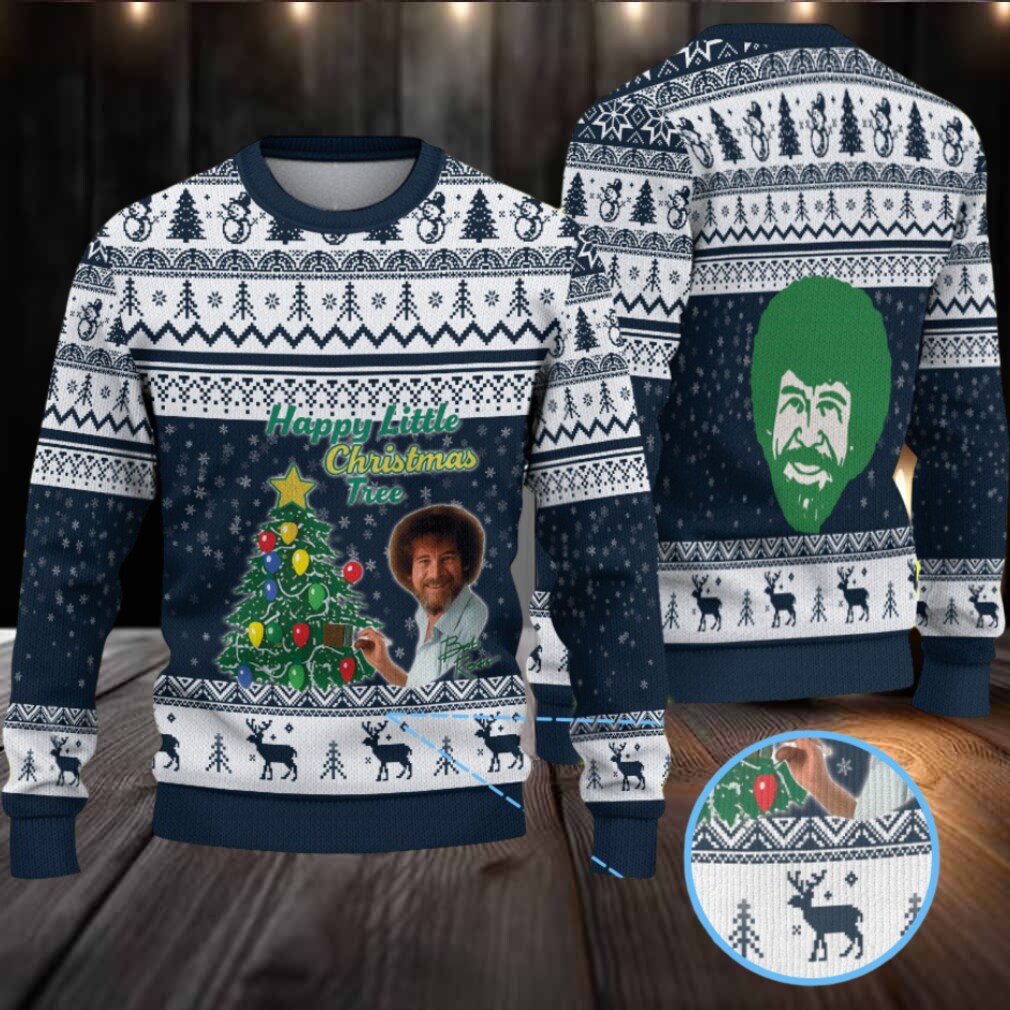 Navy Blue & White Reindeer Pattern “Bob Ross Happy Little Christmas Tree” Ugly Christmas Sweater Navy Blue & White Reindeer Pattern “Bob Ross Happy Little Christmas Tree” Ugly Christmas Sweater