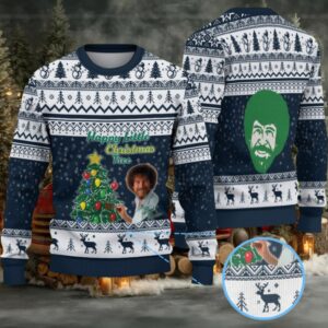 Navy Blue & White Reindeer Pattern “Bob Ross Happy Little Christmas Tree” Ugly Christmas Sweater
