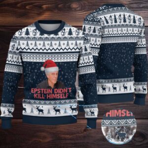 Navy Blue & White Reindeer Snowflake Pattern “Epstein Didn’t Kill Himself” Santa Hat Ugly Christmas Sweater