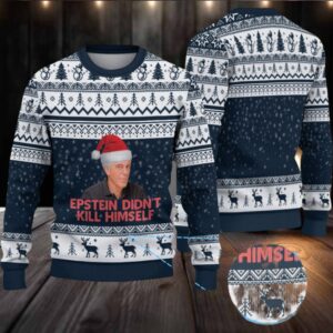 Navy Blue & White Reindeer Snowflake Pattern “Epstein Didn’t Kill Himself” Santa Hat Ugly Christmas Sweater