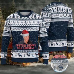 Navy Blue & White Reindeer Snowflake Pattern “Epstein Didn’t Kill Himself” Santa Hat Ugly Christmas Sweater