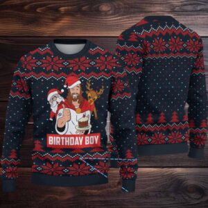 Navy Blue and Red Fair Isle “Birthday Boy Jesus” Ugly Christmas Sweater with Santa & Reindeer Pattern