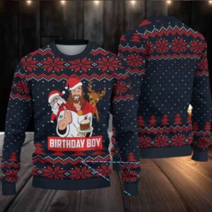 Navy Blue and Red Fair Isle “Birthday Boy Jesus” Ugly Christmas Sweater with Santa & Reindeer Pattern