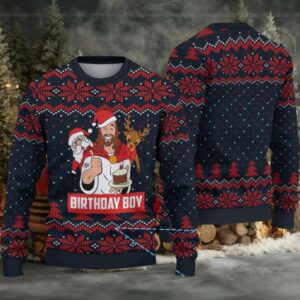 Navy Blue and Red Fair Isle “Birthday Boy Jesus” Ugly Christmas Sweater with Santa & Reindeer Pattern
