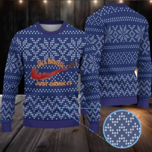Navy Dotted Snowflake Ugly Christmas Sweater Jack Daniel’s Just Drink It Whiskey Splash