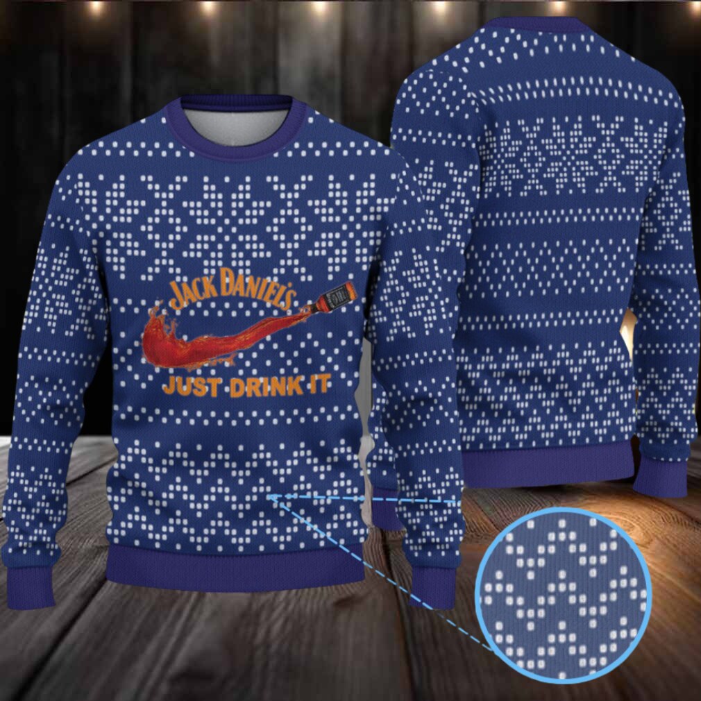 Navy Dotted Snowflake Ugly Christmas Sweater Jack Daniel’s Just Drink It Whiskey Splash Navy Dotted Snowflake Ugly Christmas Sweater Jack Daniel’s Just Drink It Whiskey Splash