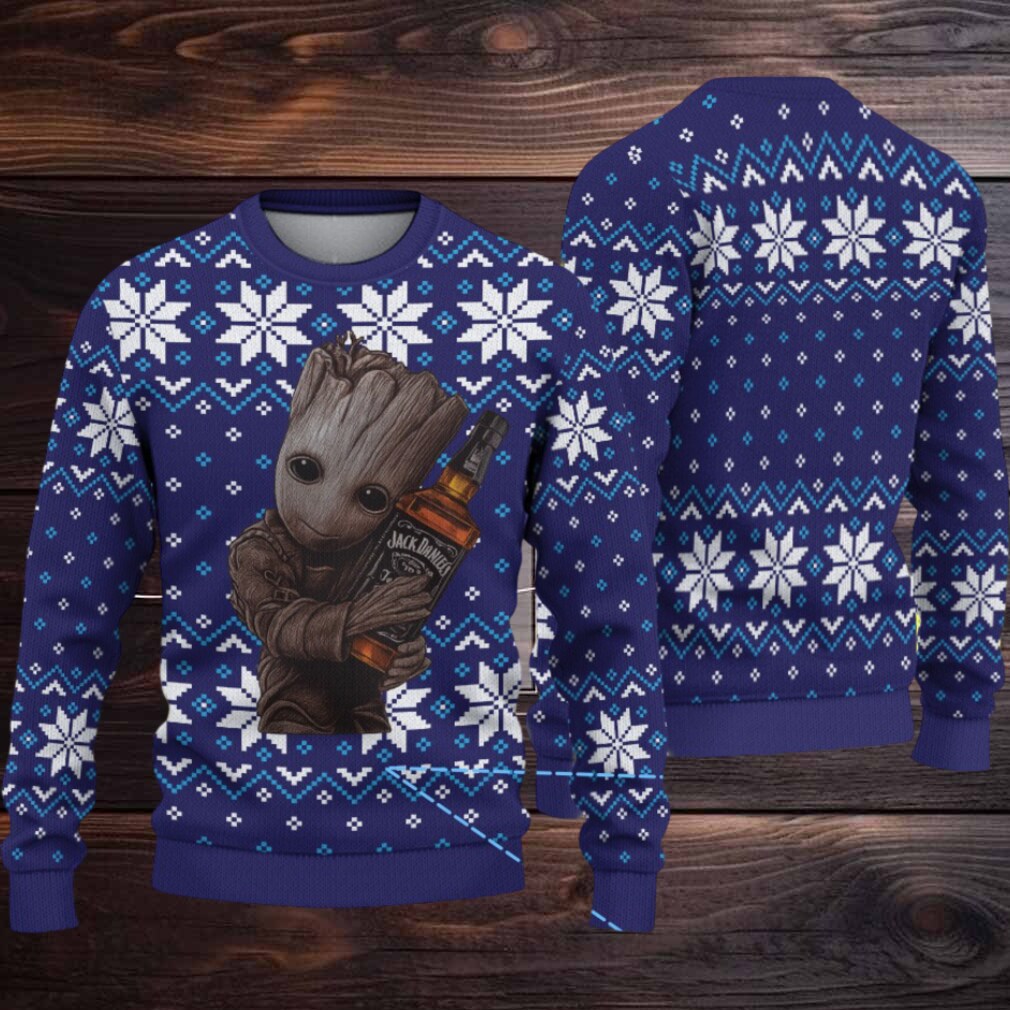 Navy Fair Isle Snowflake Ugly Christmas Sweater Jack Daniel’s Whiskey with Baby Groot Holding Bottle Navy Fair Isle Snowflake Ugly Christmas Sweater Jack Daniel’s Whiskey with Baby Groot Holding Bottle