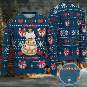Navy Fair Isle Ugly Christmas Sweater Stranger Things Meowy Christmas Cat Fox and Snowflake Pattern