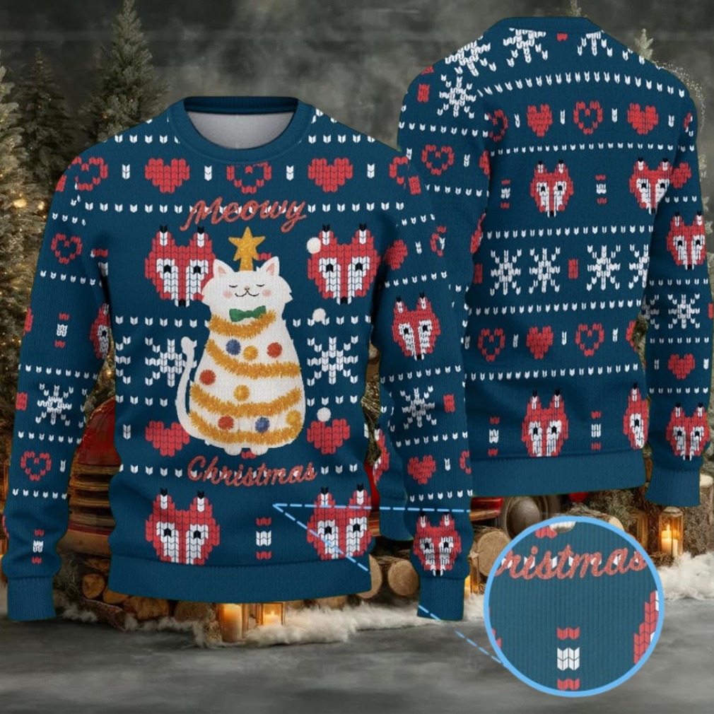 Navy Fair Isle Ugly Christmas Sweater Stranger Things Meowy Christmas Cat Fox and Snowflake Pattern Navy Fair Isle Ugly Christmas Sweater Stranger Things Meowy Christmas Cat Fox and Snowflake Pattern