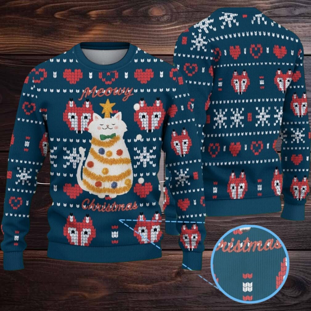 Navy Fair Isle Ugly Christmas Sweater Stranger Things Meowy Christmas Cat Fox and Snowflake Pattern Navy Fair Isle Ugly Christmas Sweater Stranger Things Meowy Christmas Cat Fox and Snowflake Pattern