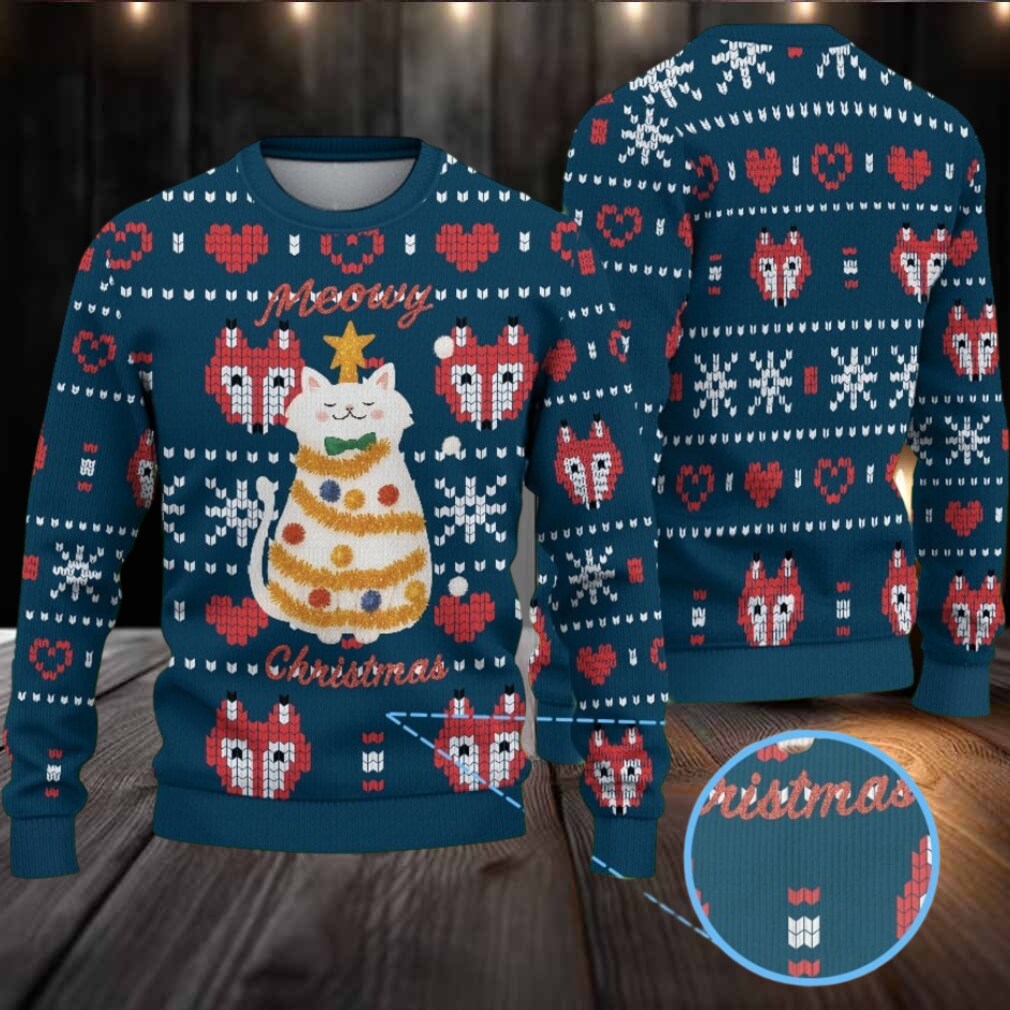 Navy Fair Isle Ugly Christmas Sweater Stranger Things Meowy Christmas Cat Fox and Snowflake Pattern Navy Fair Isle Ugly Christmas Sweater Stranger Things Meowy Christmas Cat Fox and Snowflake Pattern