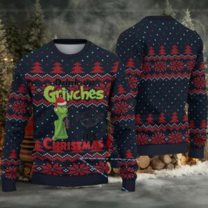 Navy and Red Fair Isle Ugly Christmas Sweater Jack Daniel’s Whiskey with Grinch Christmas Trees and Heart Pattern