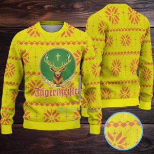 Neon Yellow with Orange Snowflake and Diamond Pattern Ugly Christmas Sweater Jagermeister Stag Logo