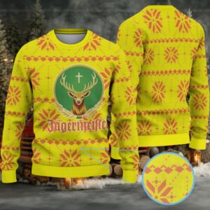 Neon Yellow with Orange Snowflake and Diamond Pattern Ugly Christmas Sweater Jagermeister Stag Logo