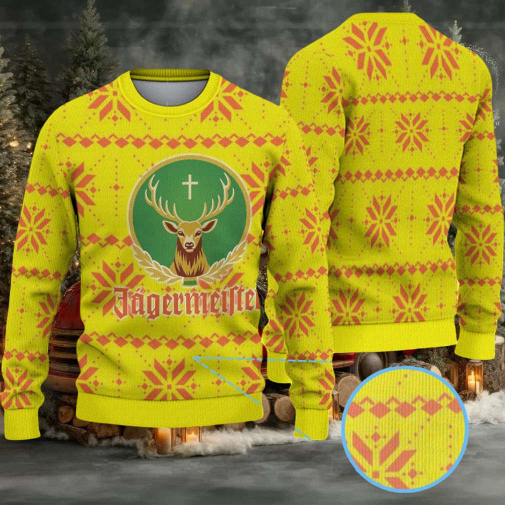 Neon Yellow with Orange Snowflake and Diamond Pattern Ugly Christmas Sweater Jagermeister Stag Logo Neon Yellow with Orange Snowflake and Diamond Pattern Ugly Christmas Sweater Jagermeister Stag Logo