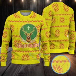 Neon Yellow with Orange Snowflake and Diamond Pattern Ugly Christmas Sweater Jagermeister Stag Logo