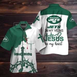 New York Jets In My Veins Jesus Im My Heart Hawaiian Shirt