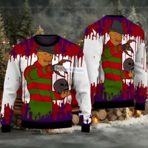 Nightmare On Elm Street Freddy Krueger Skull Ugly Christmas Sweater Ladies White Red
