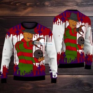 Nightmare On Elm Street Freddy Krueger Skull Ugly Christmas Sweater Ladies White Red