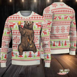 White Coors Banquet Drinking Bear and Reindeer Christmas Pattern Ugly Sweater