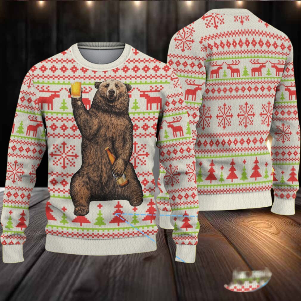 White Coors Banquet Drinking Bear and Reindeer Christmas Pattern Ugly Sweater White Coors Banquet Drinking Bear and Reindeer Christmas Pattern Ugly Sweater