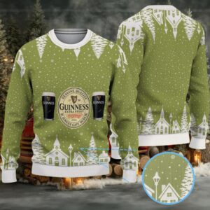 Olive Green Snowy Village Pattern Guinness Beer Ugly Christmas Sweater
