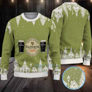 Olive Green Snowy Village Pattern Guinness Beer Ugly Christmas Sweater