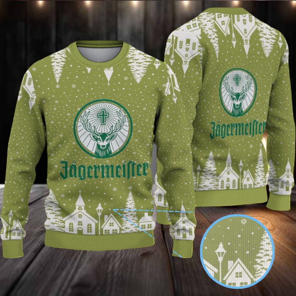 Olive Green Snowy Village Pattern Ugly Christmas Sweater Jagermeister Stag Logo Olive Green Snowy Village Pattern Ugly Christmas Sweater Jagermeister Stag Logo