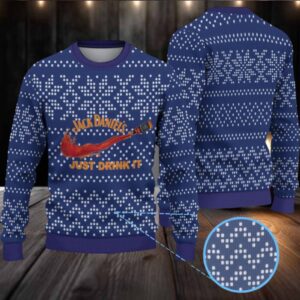 Navy Dotted Snowflake Ugly Christmas Sweater Jack Daniel’s Just Drink It Whiskey Splash