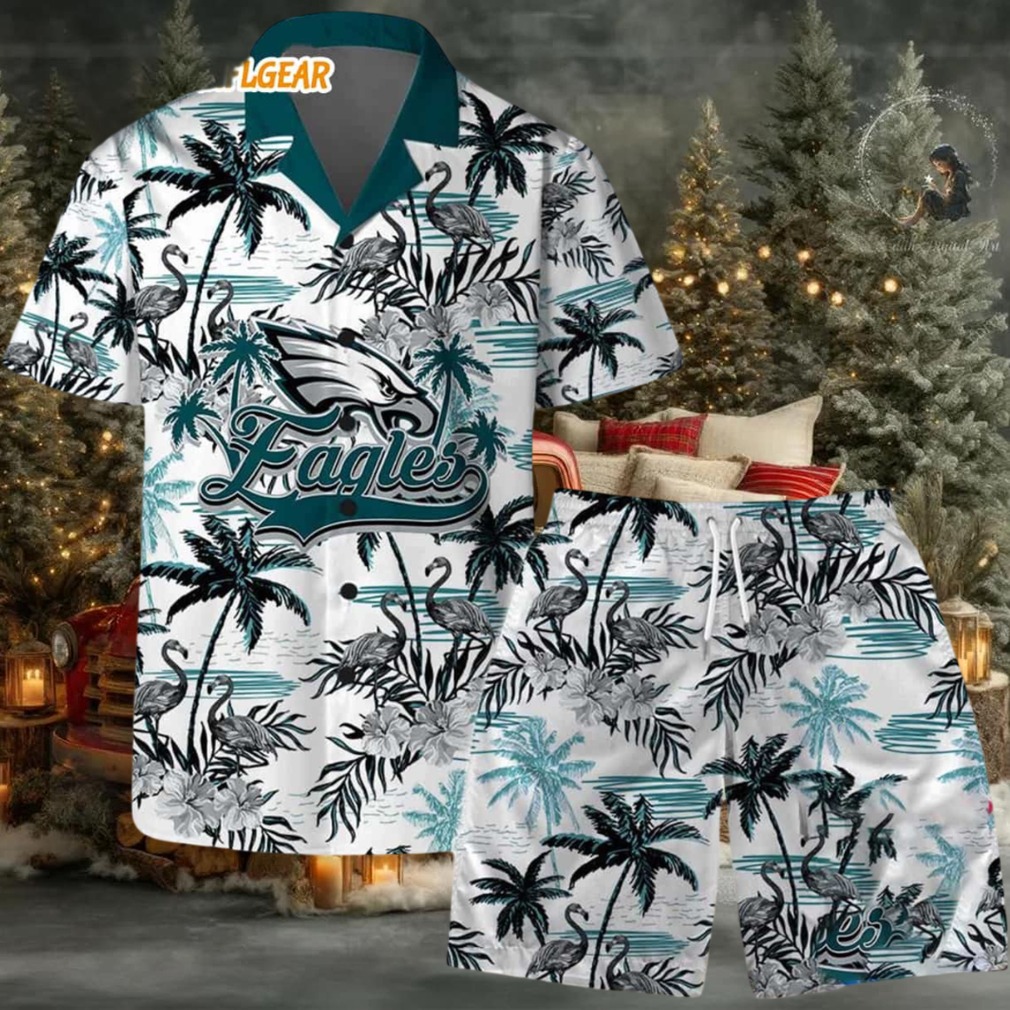 Philadelphia Eagles Football Team Logo Pattern Flamingo Hibiscus Summer Hawaiian Shirt And Beach Short